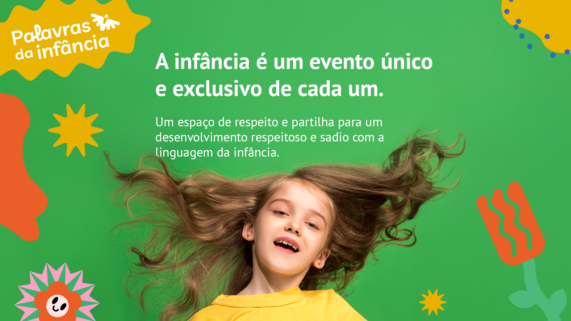 crianca loira feliz com cabelos ao ar em tom de verde ao fundo